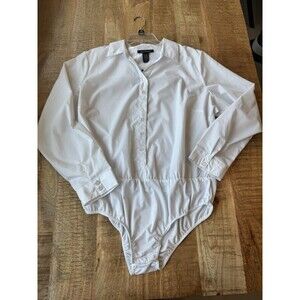 Ashley Stewart Women's White Long Sleeve Collared Button Down Bodysuit 16